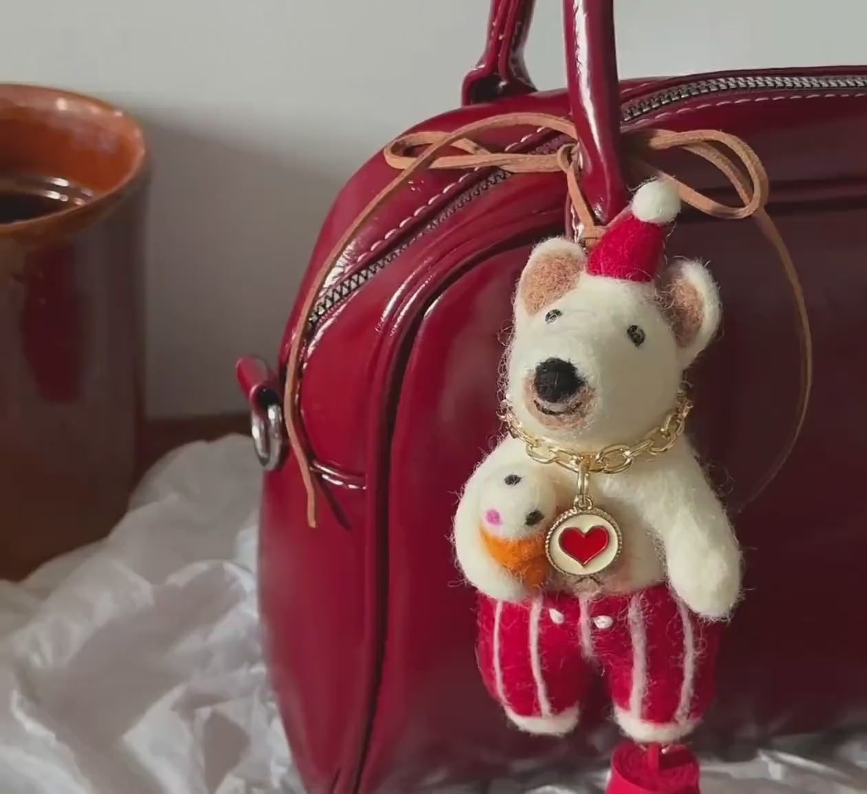 Japanese Style Wool Felt Bear Keychain, Handmade Vintage Bear Bag Charm, Cute Animal Hanging Ornament, Lucky Bear Pendant, Gift for Her