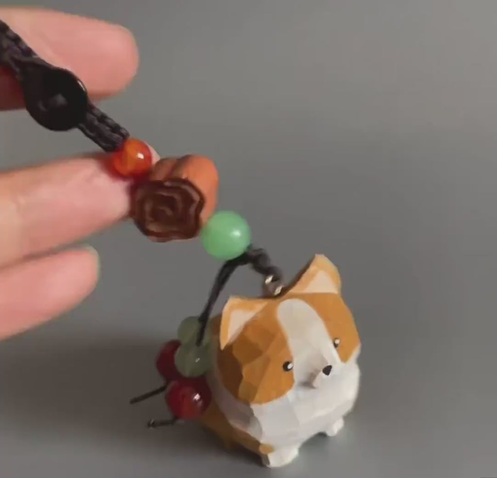 Japanese Style Wooden Corgi Keychain, Hand Carved Corgi Dog Charm, Cute Corgi Bag Charm, Mini Dog Pendant, Gift for Dog Lovers