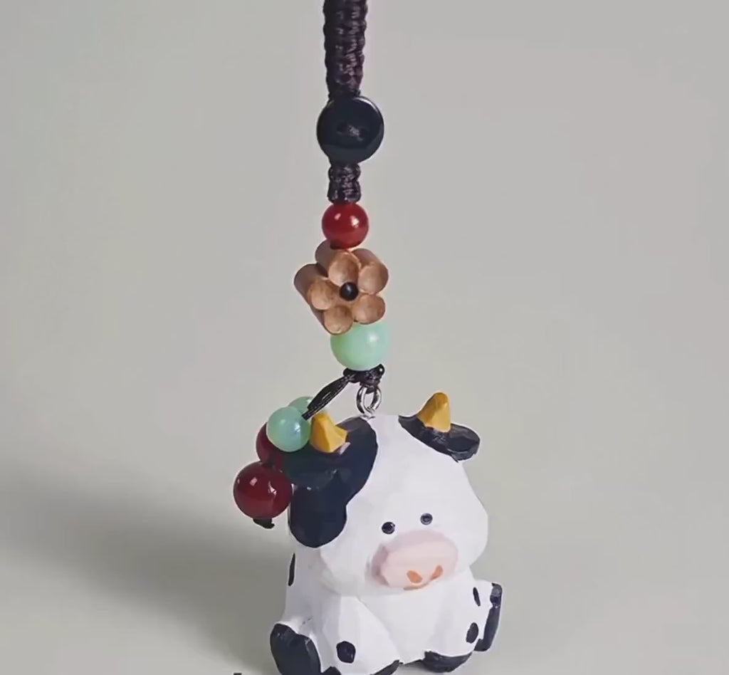 Hand Carved Wooden Cow Keychain, Cute Cow Bag Charm, Mini Farm Animal Keyring, Wooden Cow Pendant, Handmade Gift for Animal Lovers