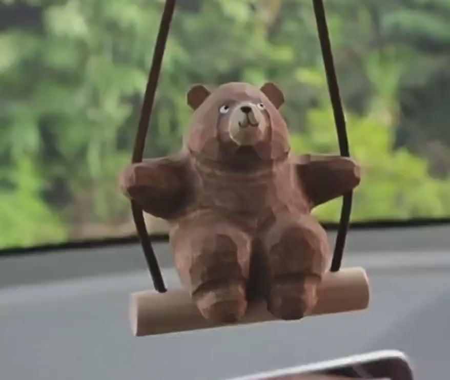 Wooden Hand-Carved Bear Swing Car Hanging Ornament, Cute Wooden Animal Rearview Mirror Charm, Handmade Car Decor, Bag Charm, Keychain Gift