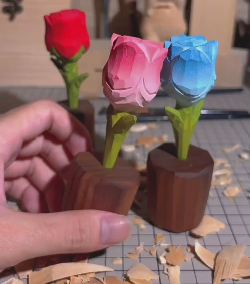 Japanese Style Wooden Rose Figurine, Hand Carved Rose Flower Ornament, Romantic Desk Decor, Cute Couple Gift, Handmade Wooden Sculpture
