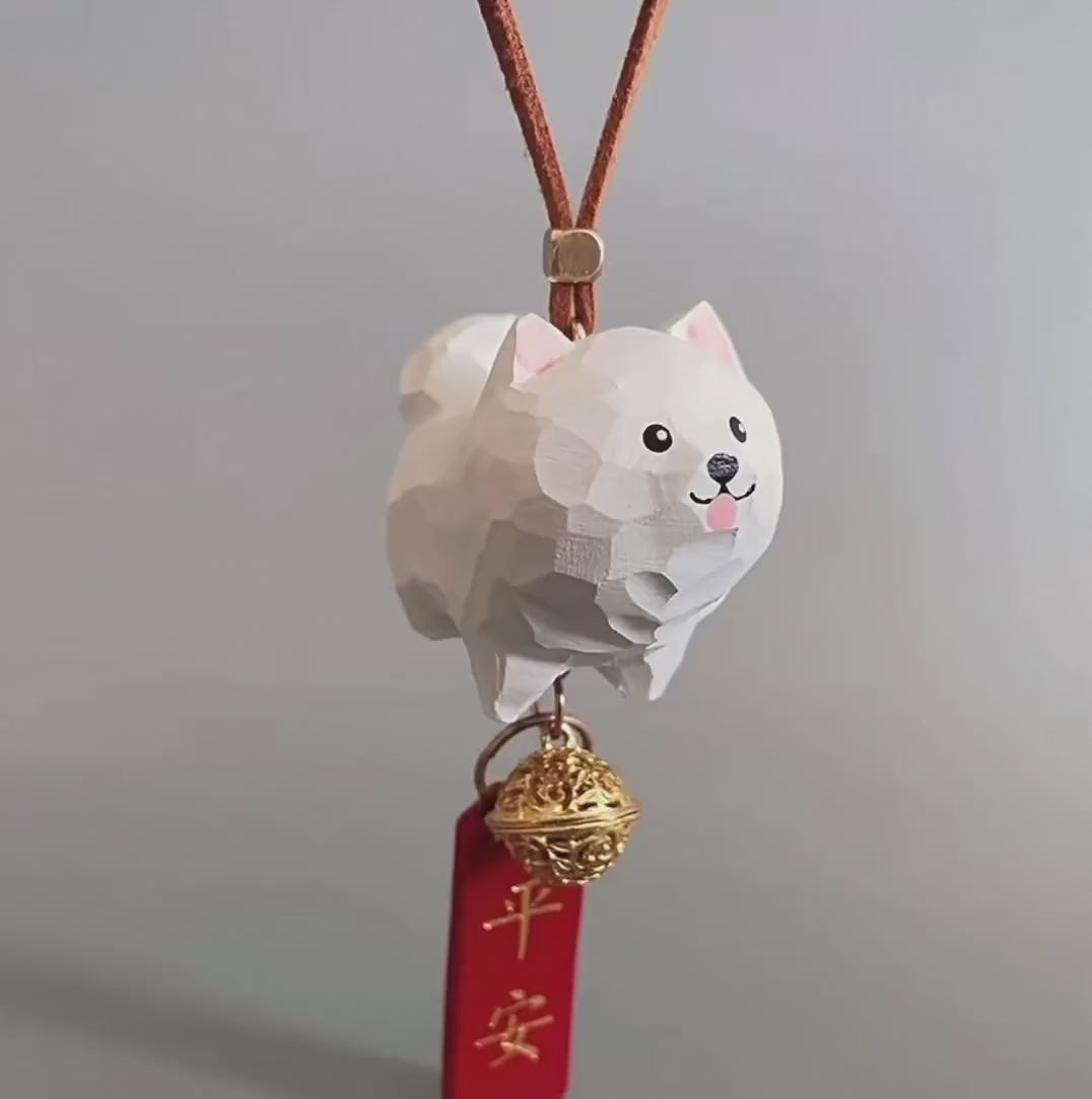 Hand Carved Wooden Samoyed Car Hanging Charm, Cute Dog Rearview Mirror Ornament, Lucky Car Decor, Japanese Style Bag Charm Gift
