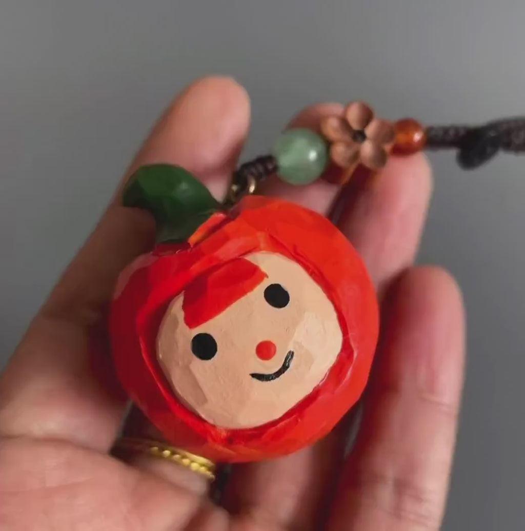 Japanese Style Wooden Persimmon Doll Keychain, Hand Carved Kaki Pendant, Cute Fruit Bag Charm, Mini Gift for Her, Handmade Charm
