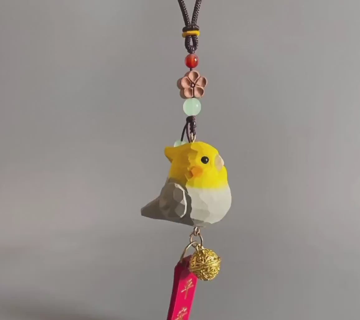 Hand Carved Bird Car Hanging Ornament, Cute Cockatiel Rear View Mirror Charm, Wooden Bird Pendant, Lucky Car Decor, Bike Charm Gift
