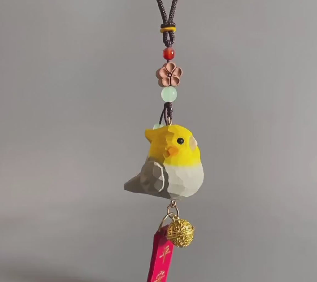 Hand Carved Bird Car Hanging Ornament, Cute Cockatiel Rear View Mirror Charm, Wooden Bird Pendant, Lucky Car Decor, Bike Charm Gift