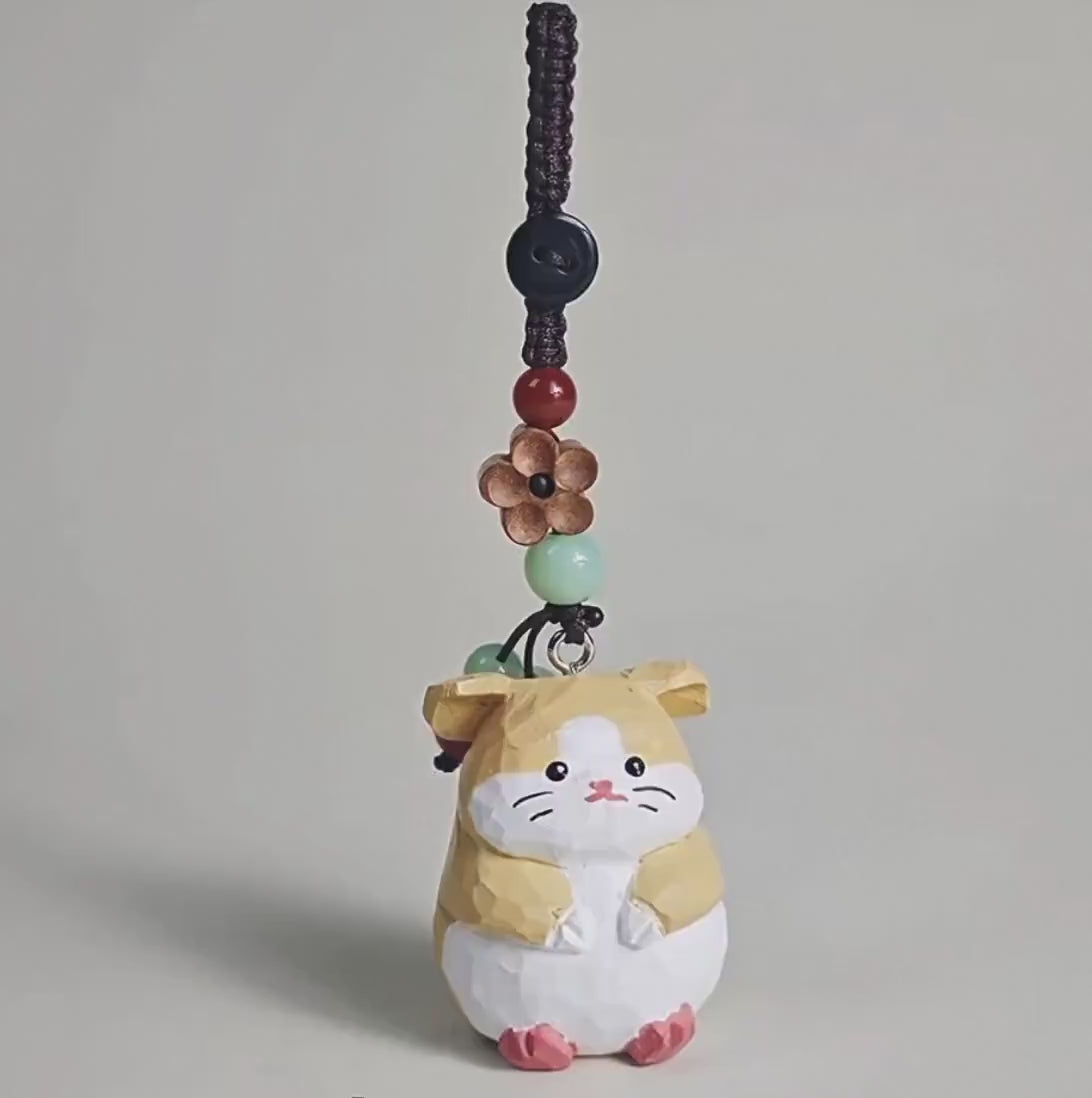 Handmade Wooden Hamster Keychain, Japanese Style Miniature Lucky Hamster Charm, Cute Animal Wood Pendant, Handcrafted Bag Charm, Lucky Gift