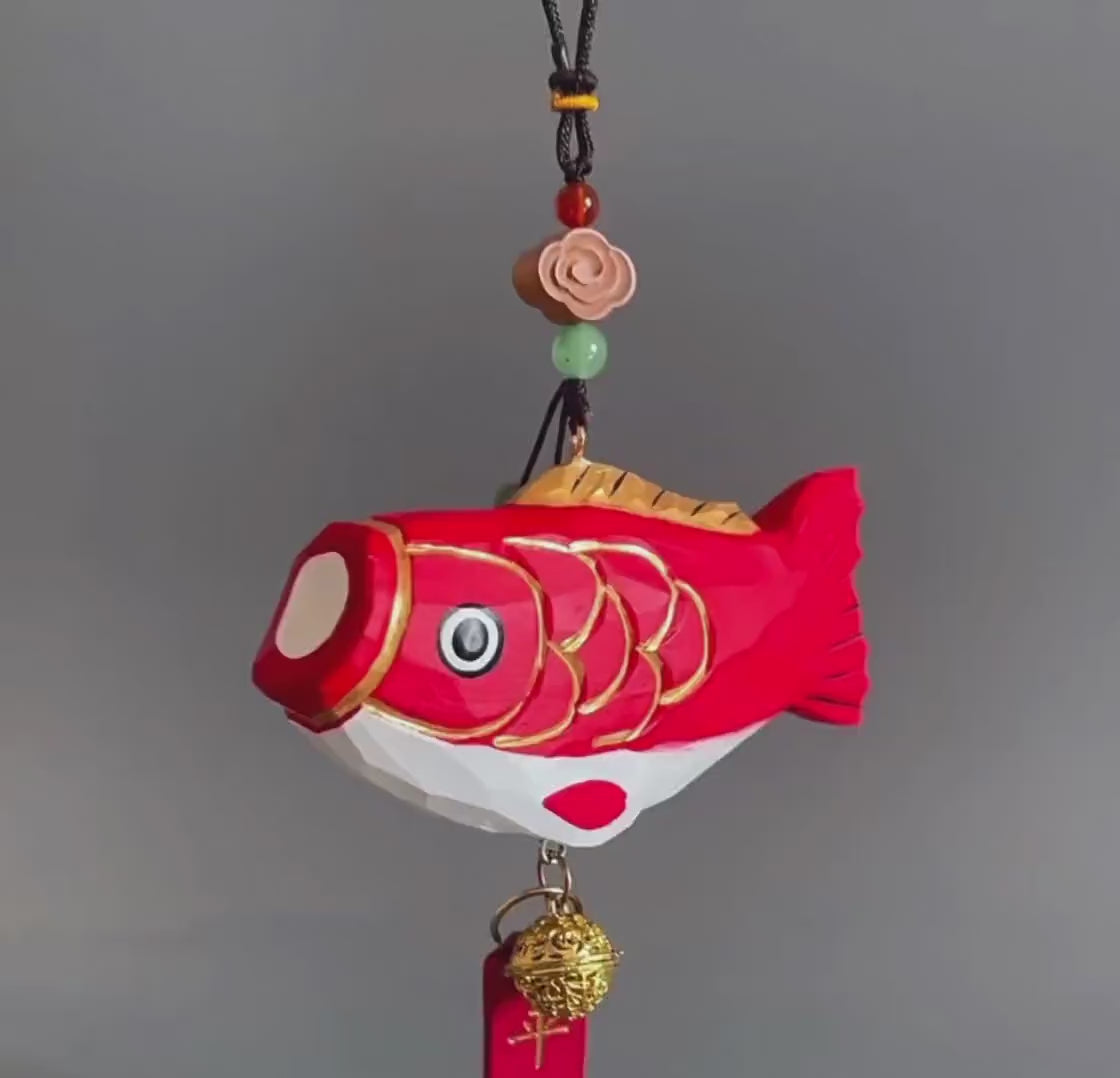 Hand Carved Japanese Style Lucky Koi Fish Car Charm, Good Luck Wooden Hanging Ornament, Rearview Mirror Charm, Bag Charm, Keychain Gift