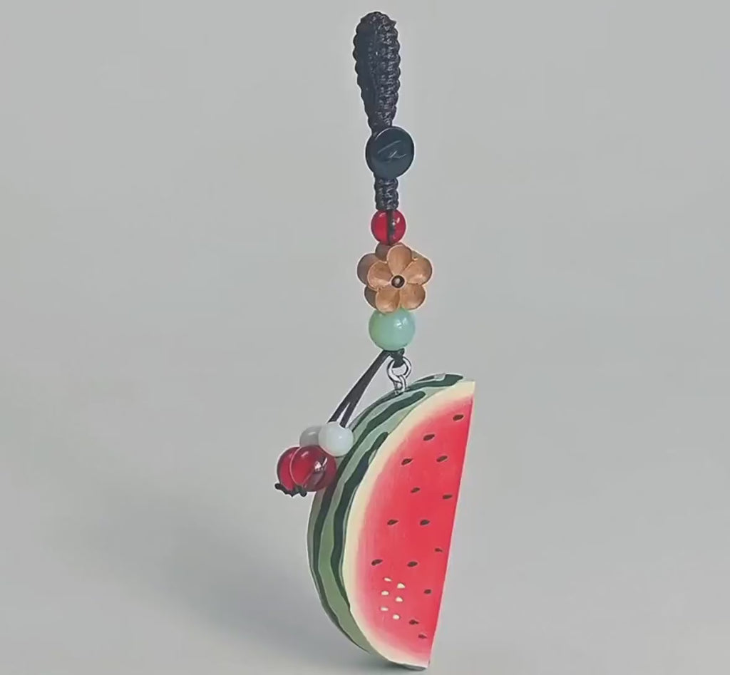 Hand Carved Wooden Watermelon Keychain, Cute Fruit Bag Charm, Summer Watermelon Keyring, Mini Wood Fruit Pendant, Handmade Gift for Her
