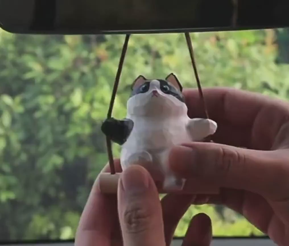 Japanese Style Black & White Cat Swing Hanging Ornament, Hand Carved Wooden Cute Cat Charm, Rearview Mirror Decor, Car Hanging Gift