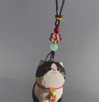 Hand Carved Lucky Cat Hanging Ornament, Wooden Maneki Neko Car Charm, Good Luck Cat Pendant, Bag Charm Keychain Gift, Cute Japanese Decor